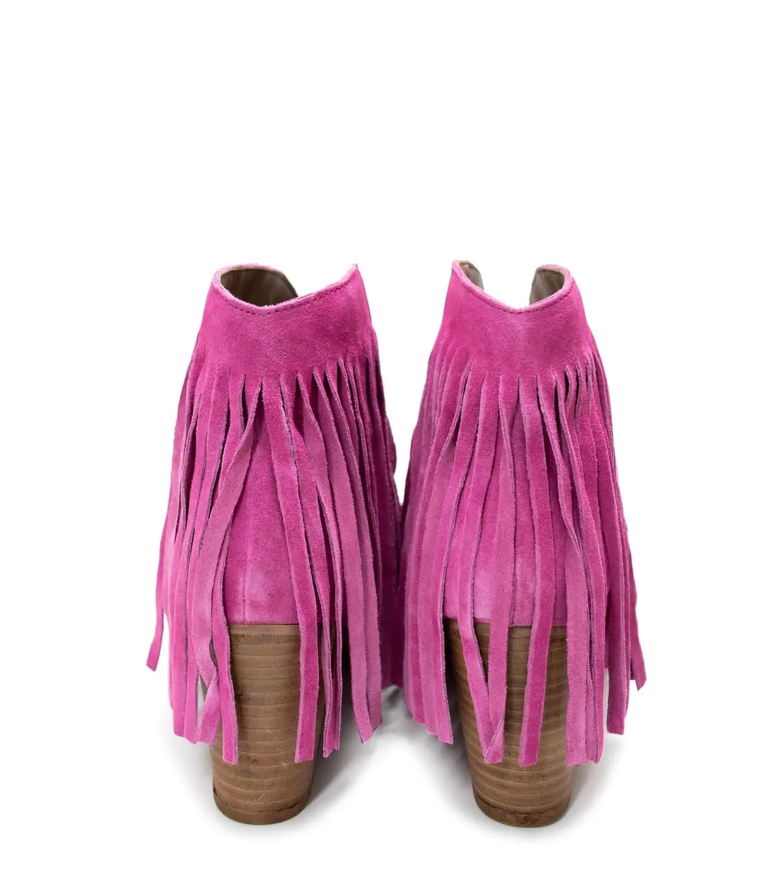 Genuine Suede Amos Fringe Ankle Bootie in Magenta