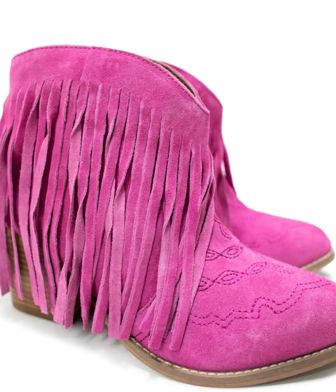 Genuine Suede Amos Fringe Ankle Bootie in Magenta