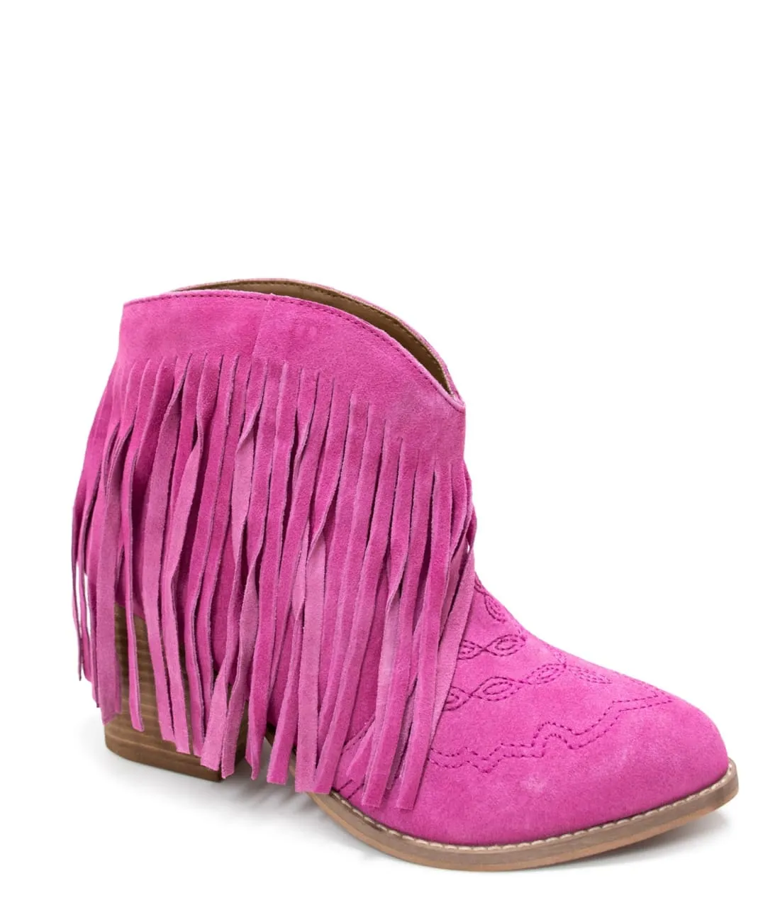 Genuine Suede Amos Fringe Ankle Bootie in Magenta
