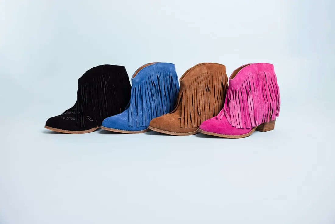 Genuine Suede Amos Fringe Ankle Bootie in Magenta