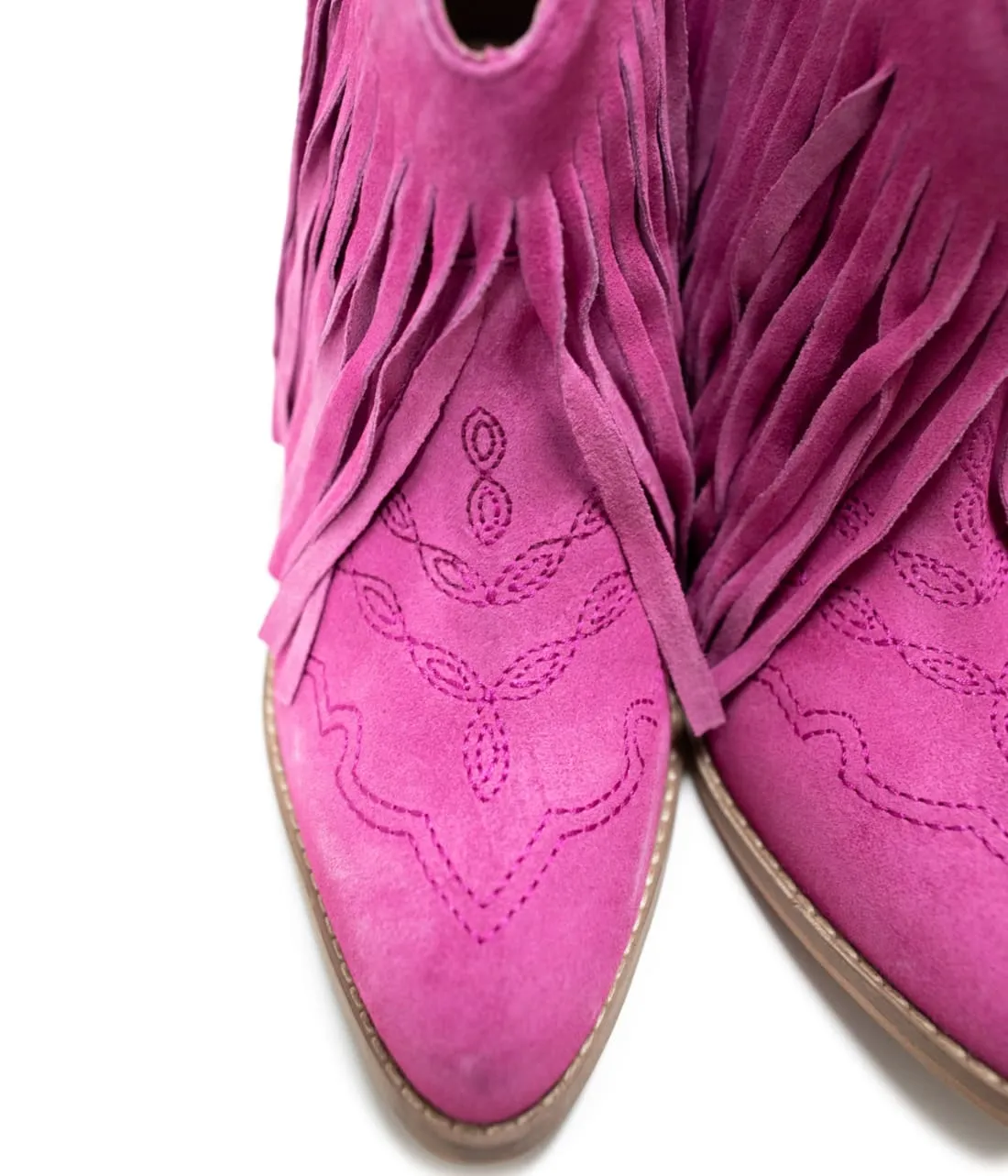 Genuine Suede Amos Fringe Ankle Bootie in Magenta