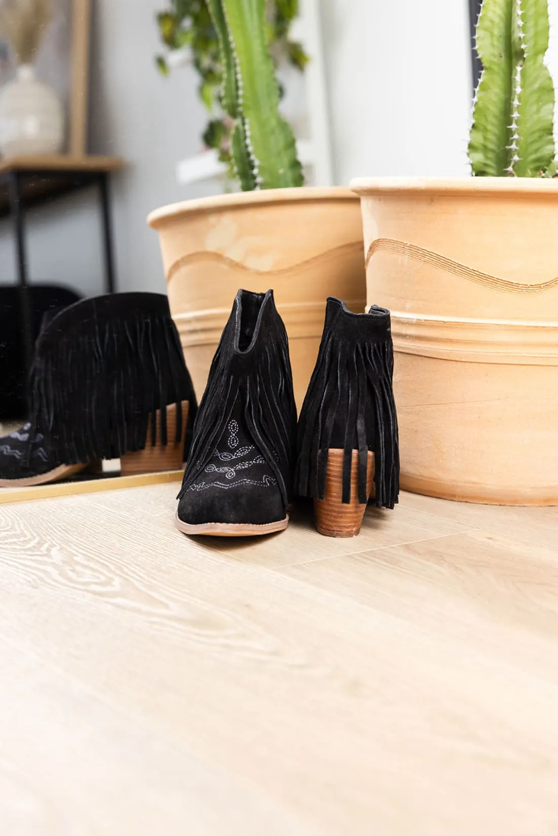 Genuine Suede Amos Fringe Ankle Bootie in Magenta