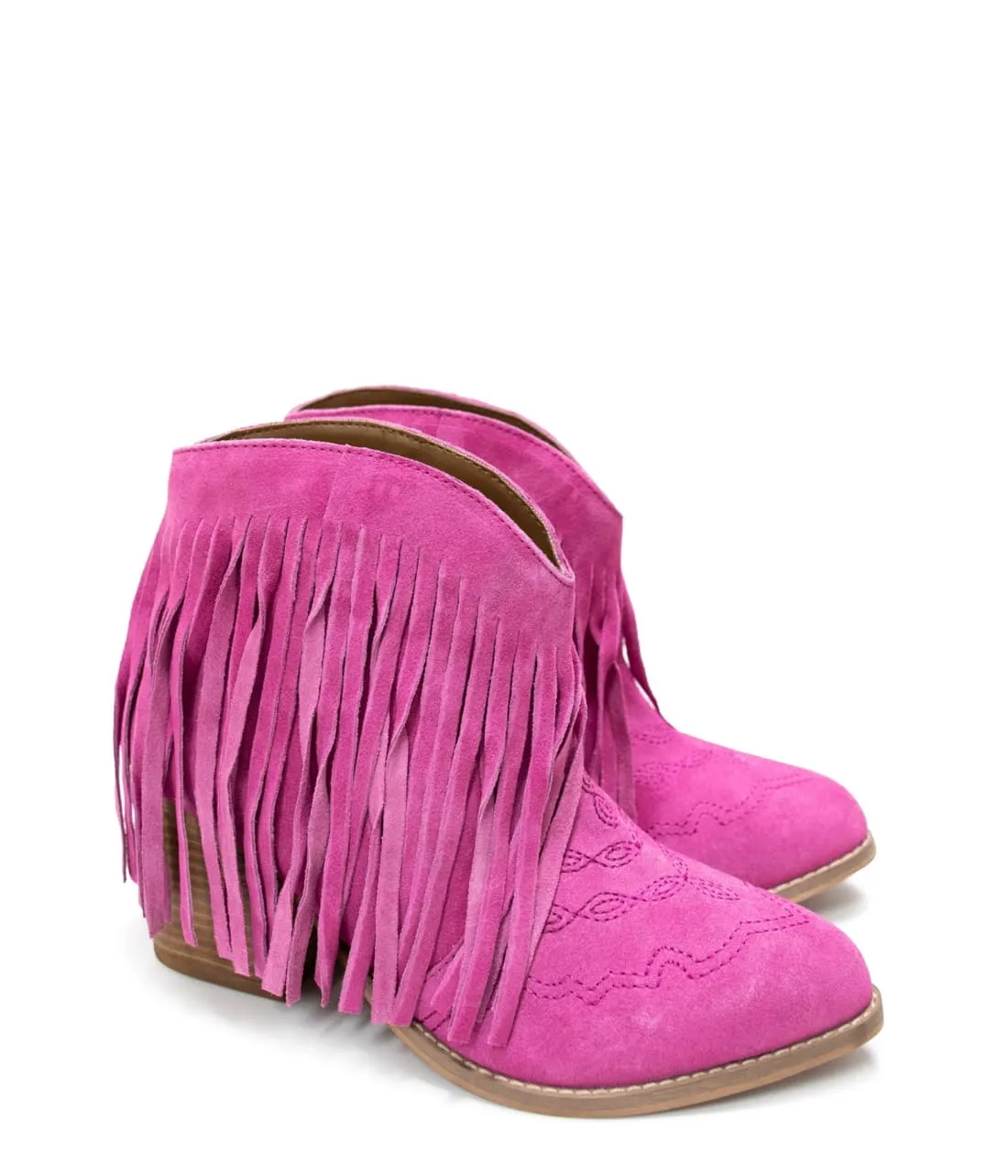 Genuine Suede Amos Fringe Ankle Bootie in Magenta