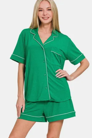 Green Button Down Short Sleeve Top and Shorts Lounge Set