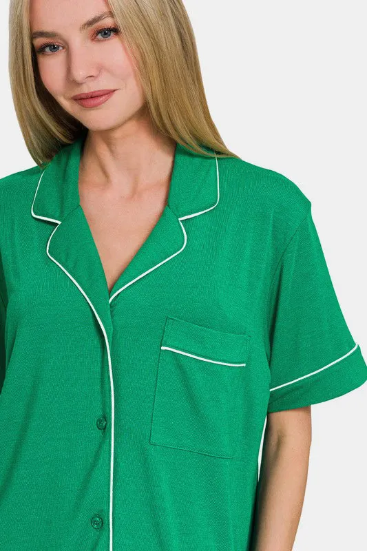Green Button Down Short Sleeve Top and Shorts Lounge Set