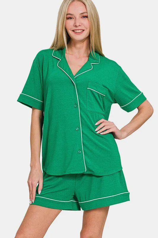Green Button Down Short Sleeve Top and Shorts Lounge Set