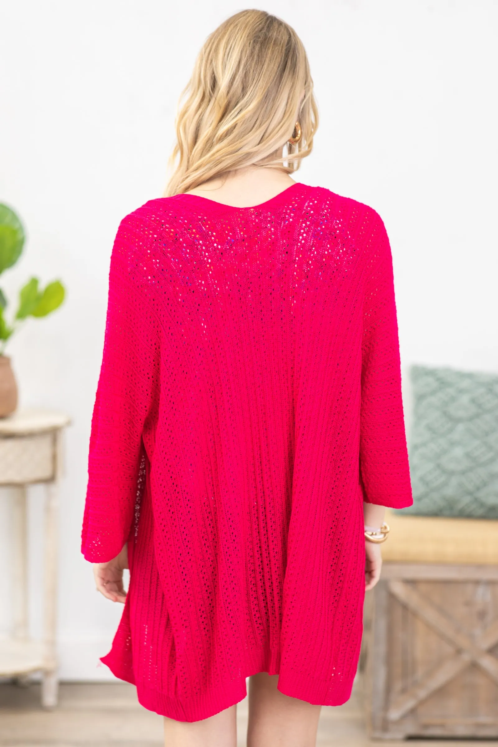 Hot Pink Lightweight Crochet Knit Cardigan