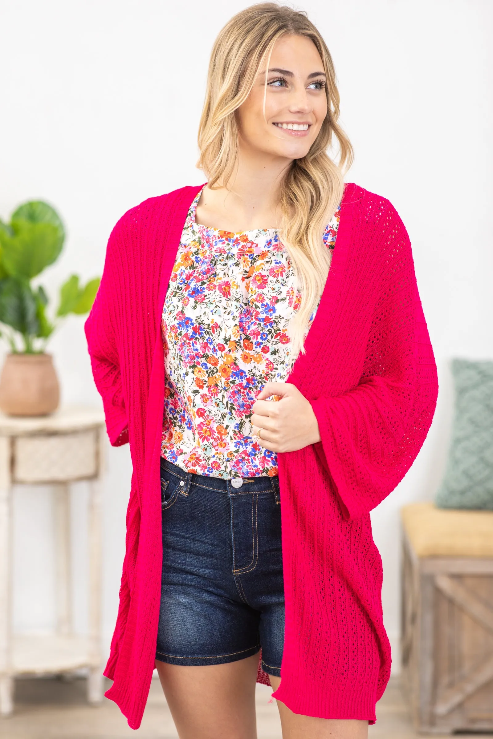 Hot Pink Lightweight Crochet Knit Cardigan