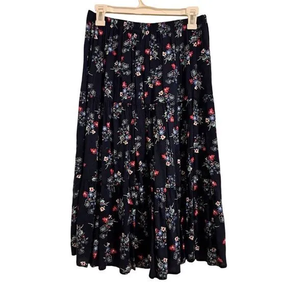 Jody California USA‎ Navy Ruffle Tiered Boho Maxi Skirt Floral Vintage NWT