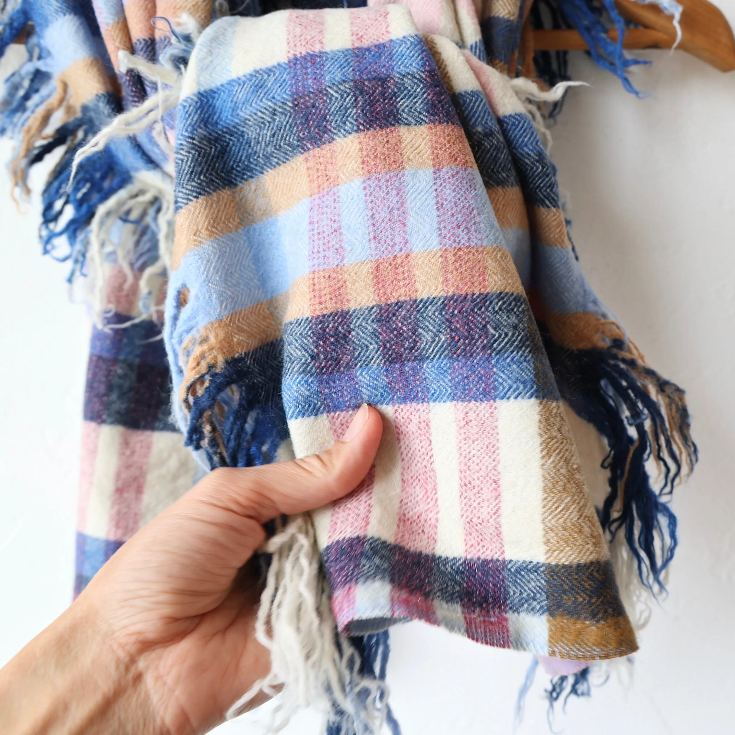 Khadi & Co. Wool Fringe Scarf - Navy/Pink Plaid