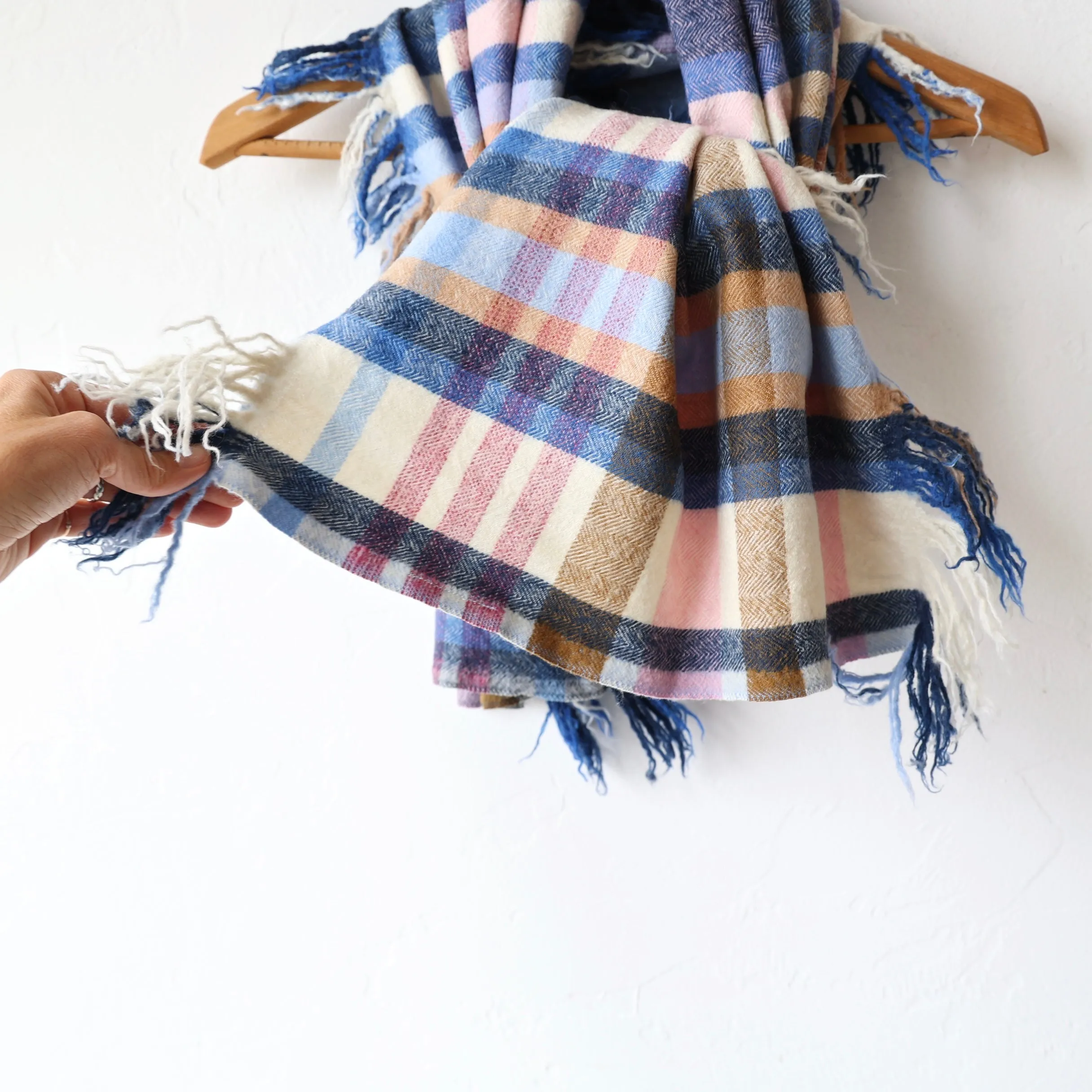 Khadi & Co. Wool Fringe Scarf - Navy/Pink Plaid