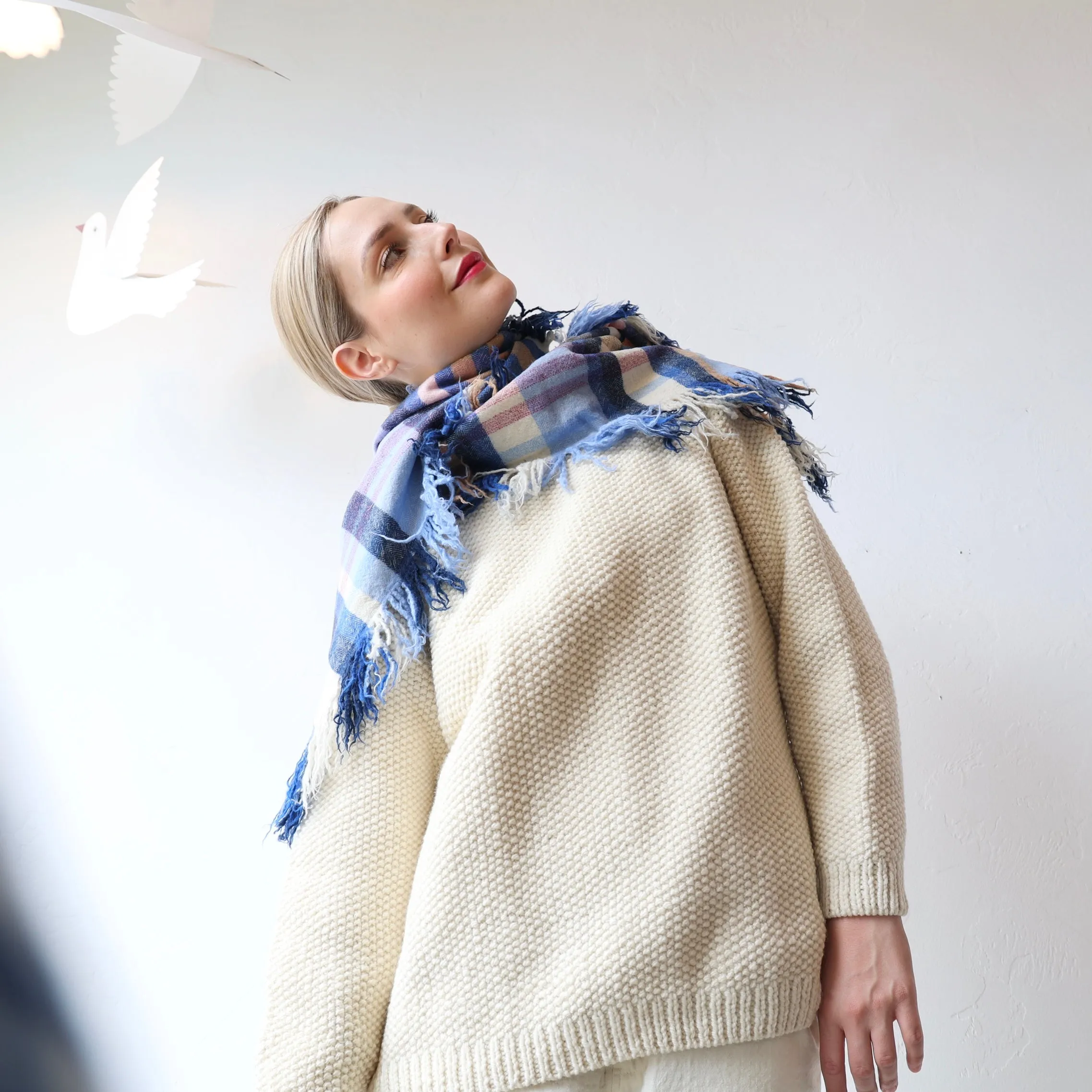 Khadi & Co. Wool Fringe Scarf - Navy/Pink Plaid