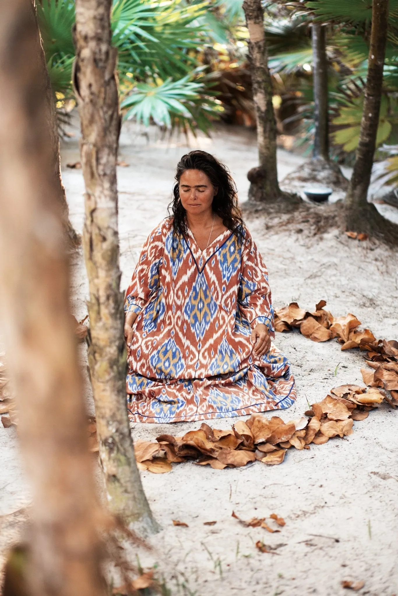 Laila Ikat Kaftan - Rust/Blue