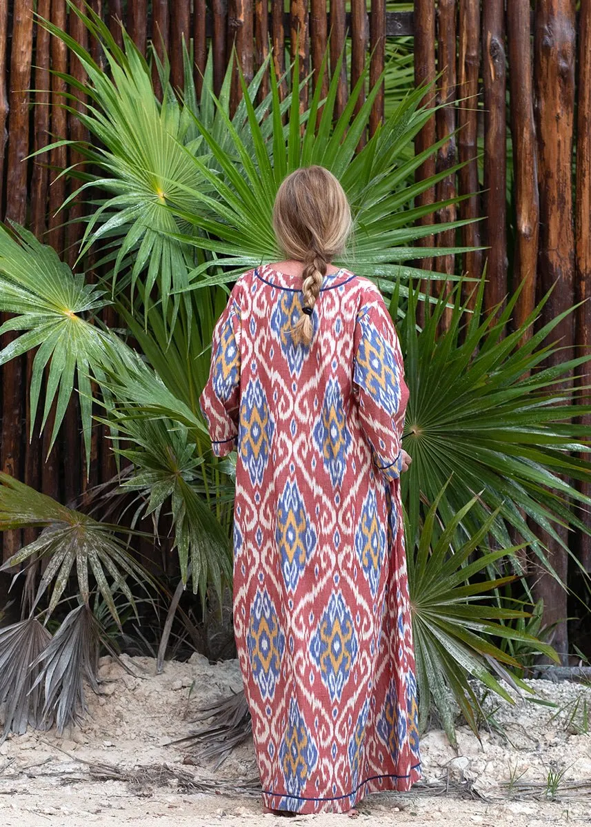 Laila Ikat Kaftan - Rust/Blue
