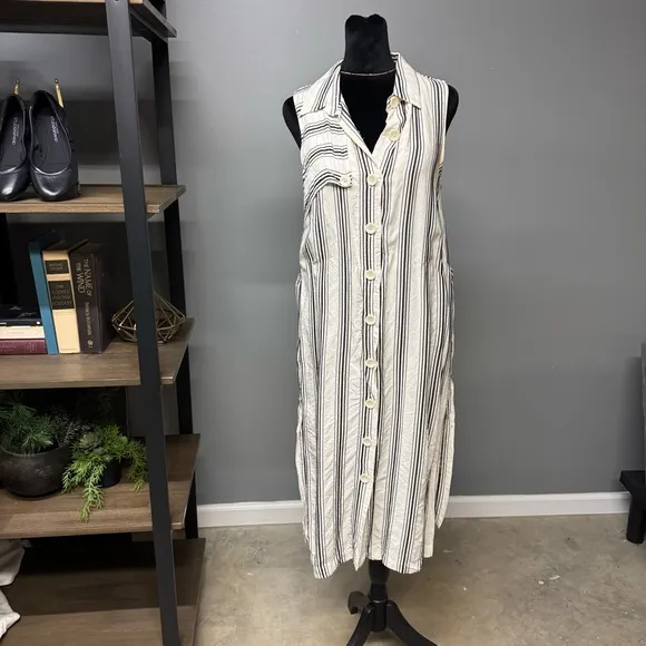Maeve Anthropologie Esther white black striped button down dress women’s 8 midi