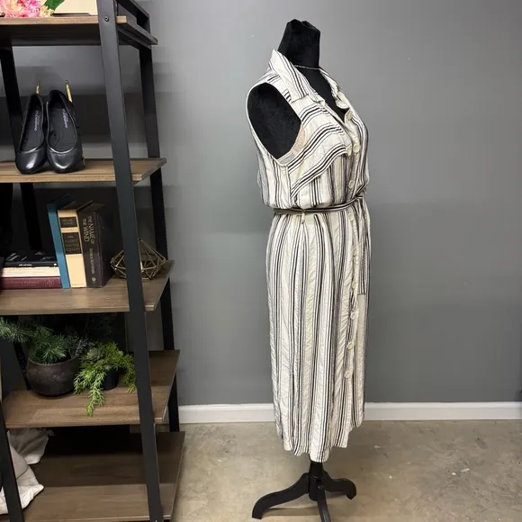 Maeve Anthropologie Esther white black striped button down dress women’s 8 midi