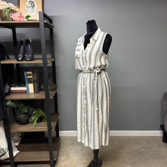 Maeve Anthropologie Esther white black striped button down dress women’s 8 midi