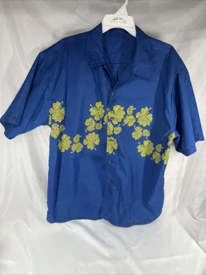 Men’s Large Hawaiian Floral Blue Yellow Button Down lightweight  Shirt￼