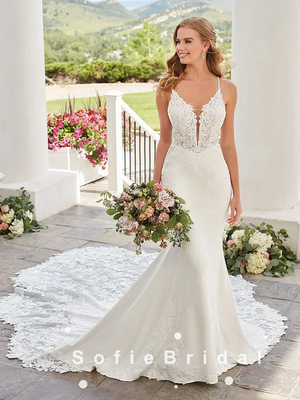 Mermaid Spaghetti Straps Lace Long Wedding Dresses,SFWD0007