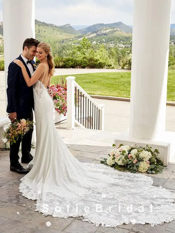 Mermaid Spaghetti Straps Lace Long Wedding Dresses,SFWD0007
