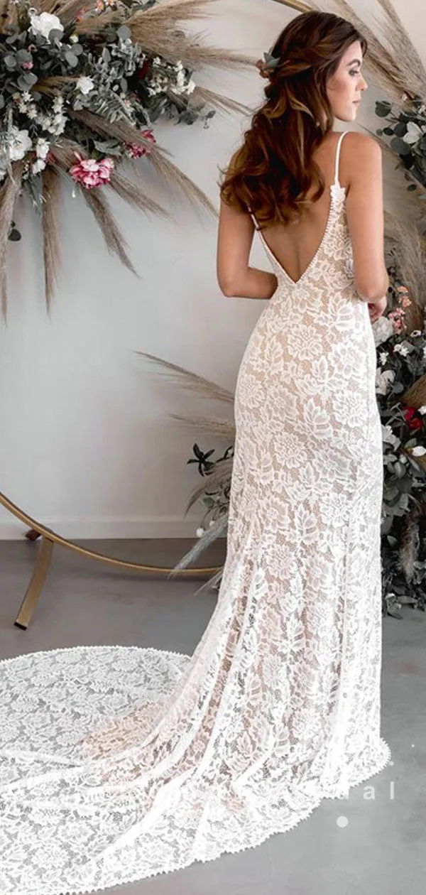 Mermaid V-Neck Spaghetti Straps Lace Long Wedding Dresses,RBWD0014