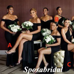 Mismatched Black Soft Satin Sleeveless Mermaid Floor Length Bridesmaid Dresses With Split, BD3348