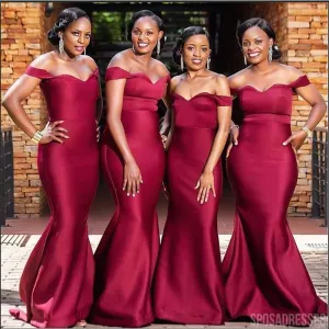Off Shoulder Dark Red Simple Cheap Bridesmaid Dresses Online, WG779