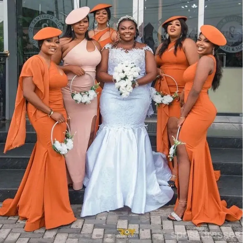 Orange Mermaid One Shoulder Cheap Long Bridesmaid Dresses,WG1523