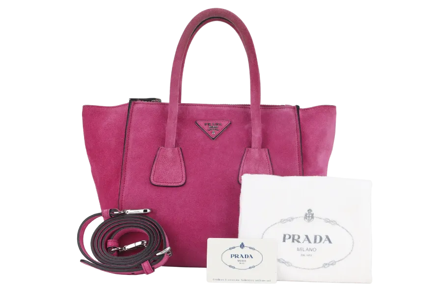 PRADA 2WAYS BAG (BN2625) MEDIUM PINK SUEDE SILVER HARDWARE WITH DUST COVER AND STRAP