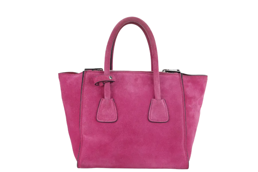 PRADA 2WAYS BAG (BN2625) MEDIUM PINK SUEDE SILVER HARDWARE WITH DUST COVER AND STRAP