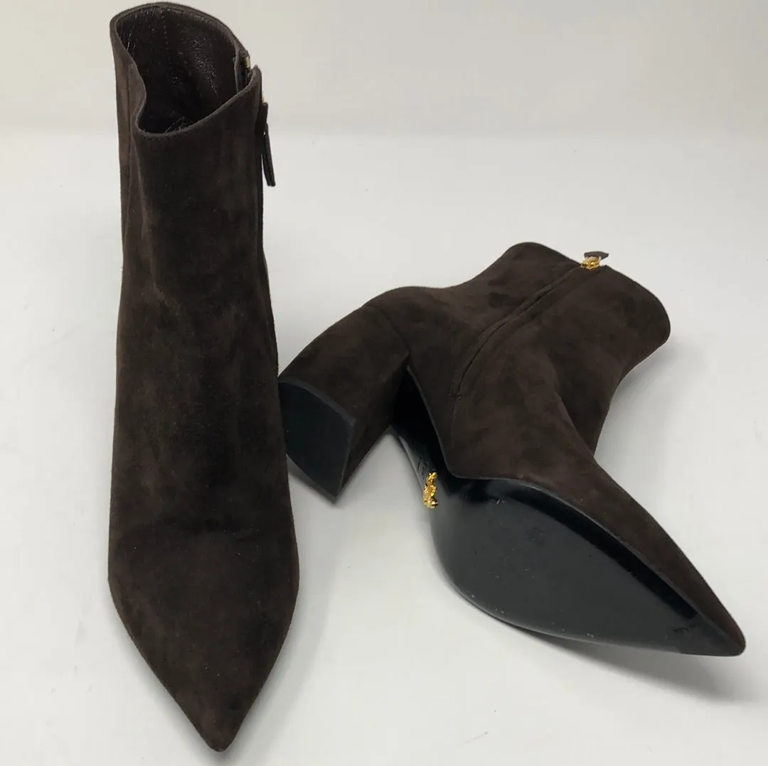 Prada Dark Brown Suede Pointed Toe Block Heel Booties
