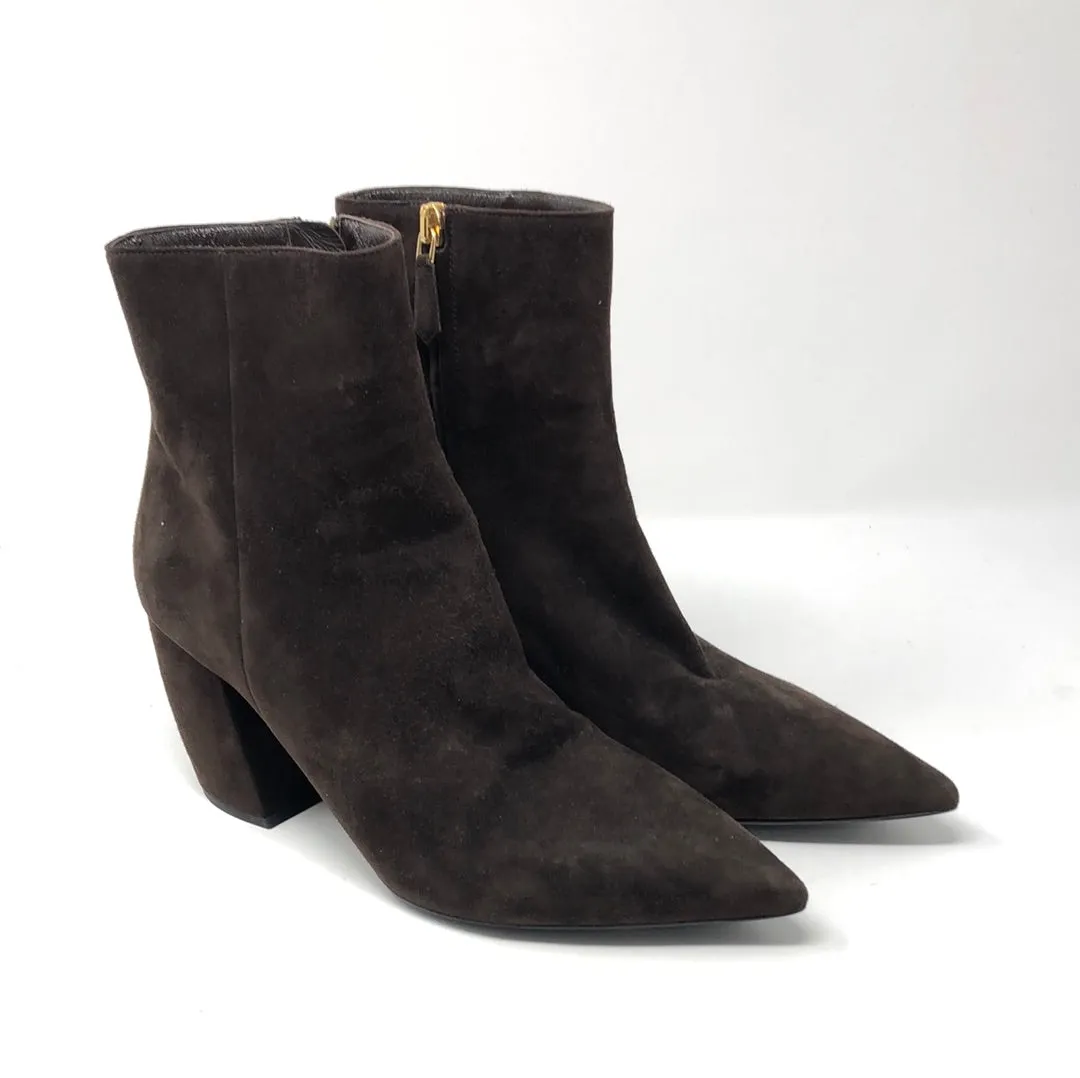 Prada Dark Brown Suede Pointed Toe Block Heel Booties