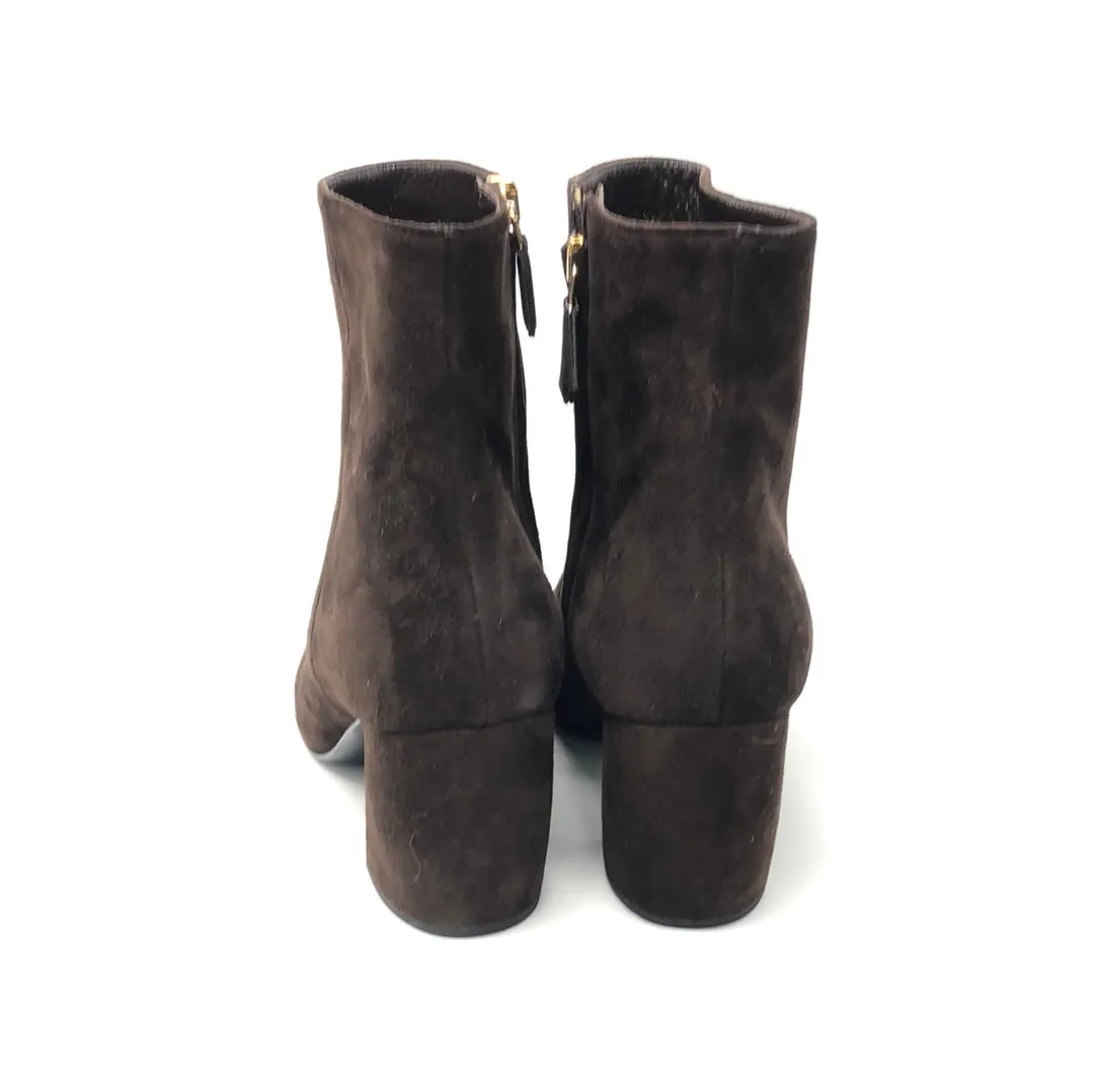 Prada Dark Brown Suede Pointed Toe Block Heel Booties