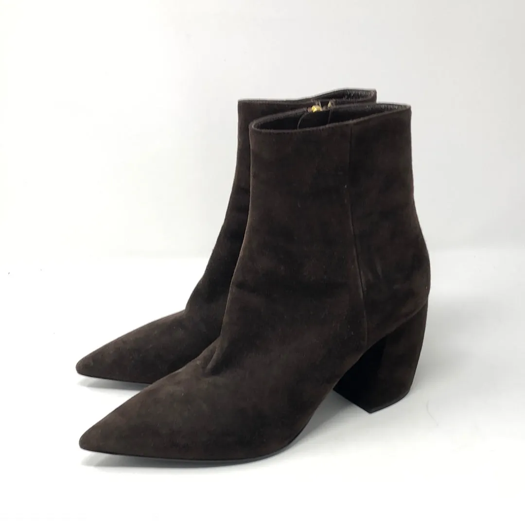 Prada Dark Brown Suede Pointed Toe Block Heel Booties