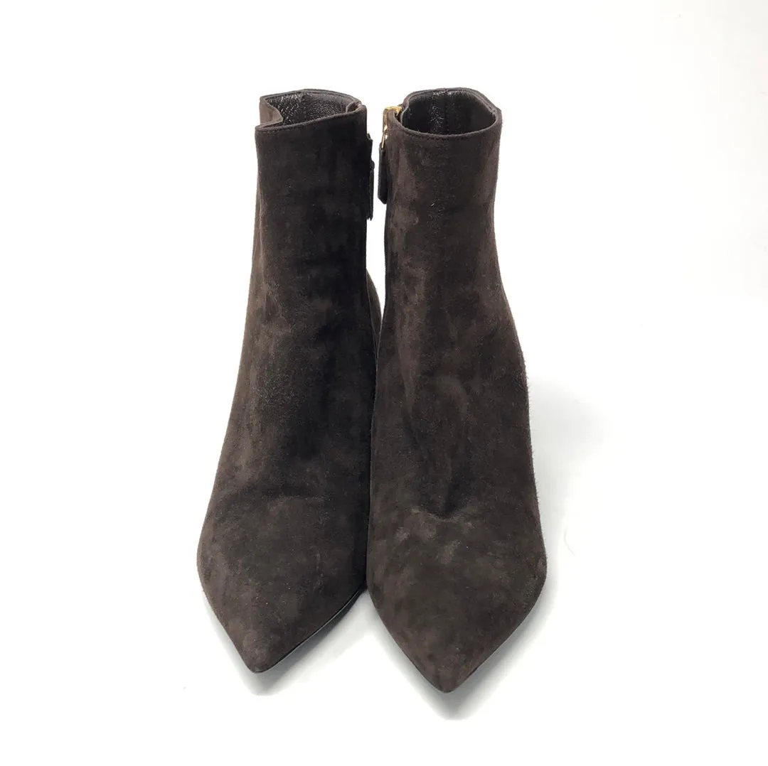 Prada Dark Brown Suede Pointed Toe Block Heel Booties