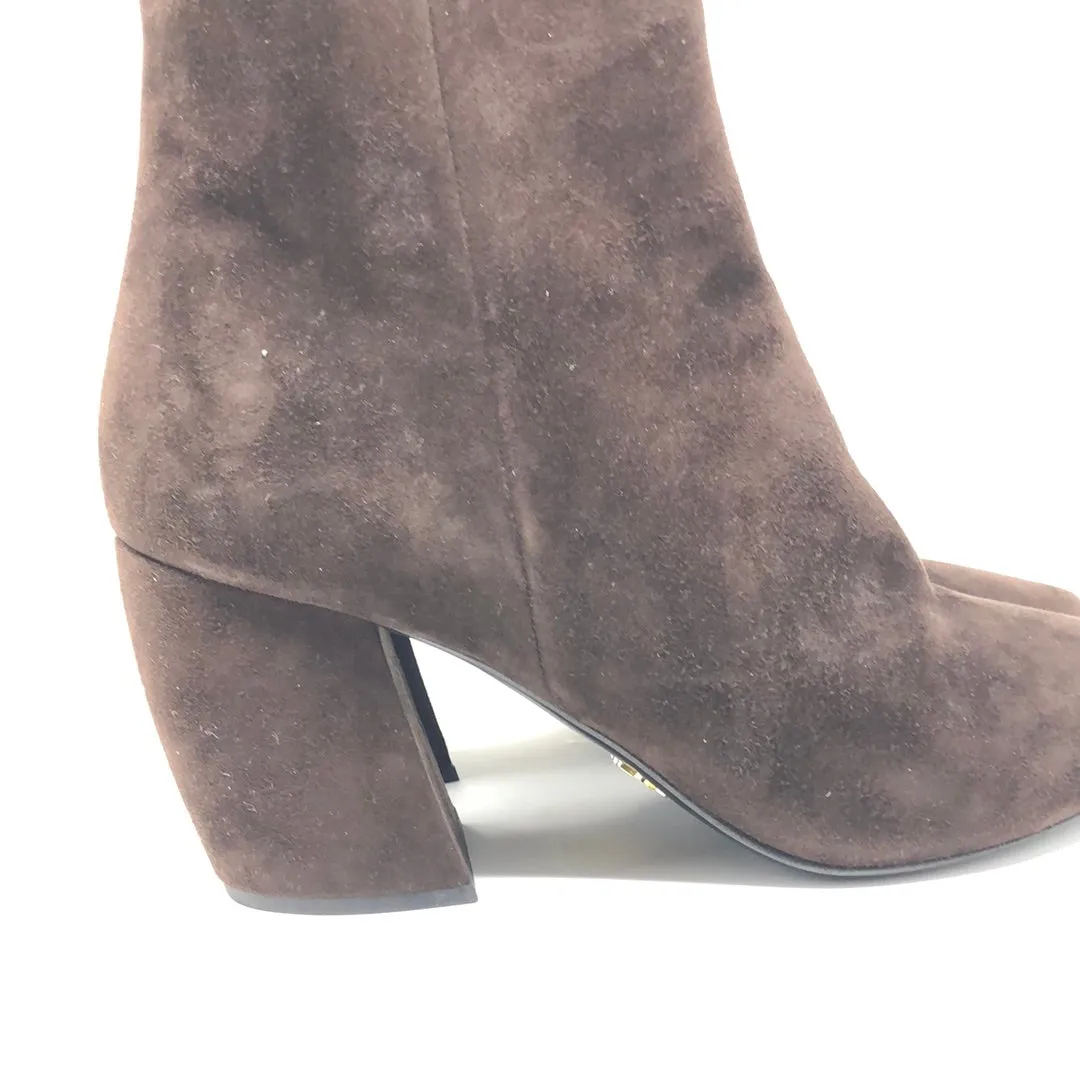Prada Dark Brown Suede Pointed Toe Block Heel Booties