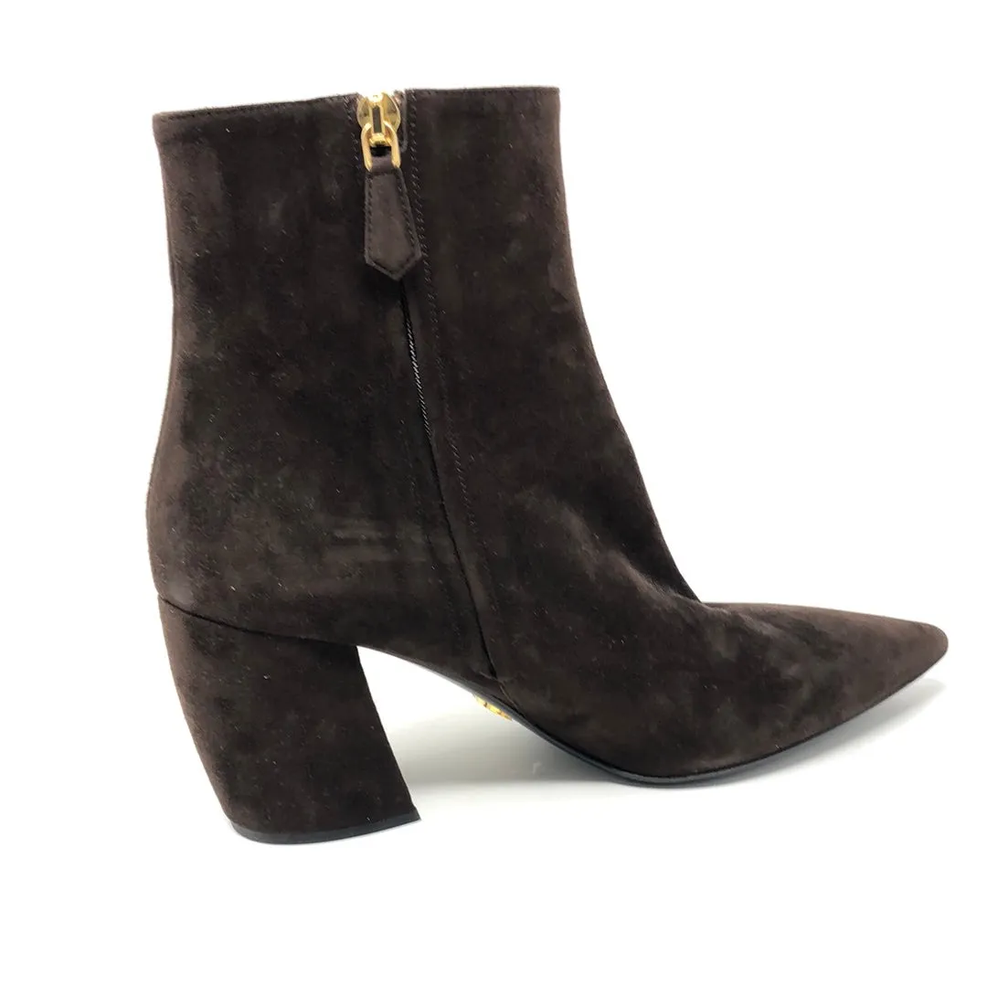 Prada Dark Brown Suede Pointed Toe Block Heel Booties