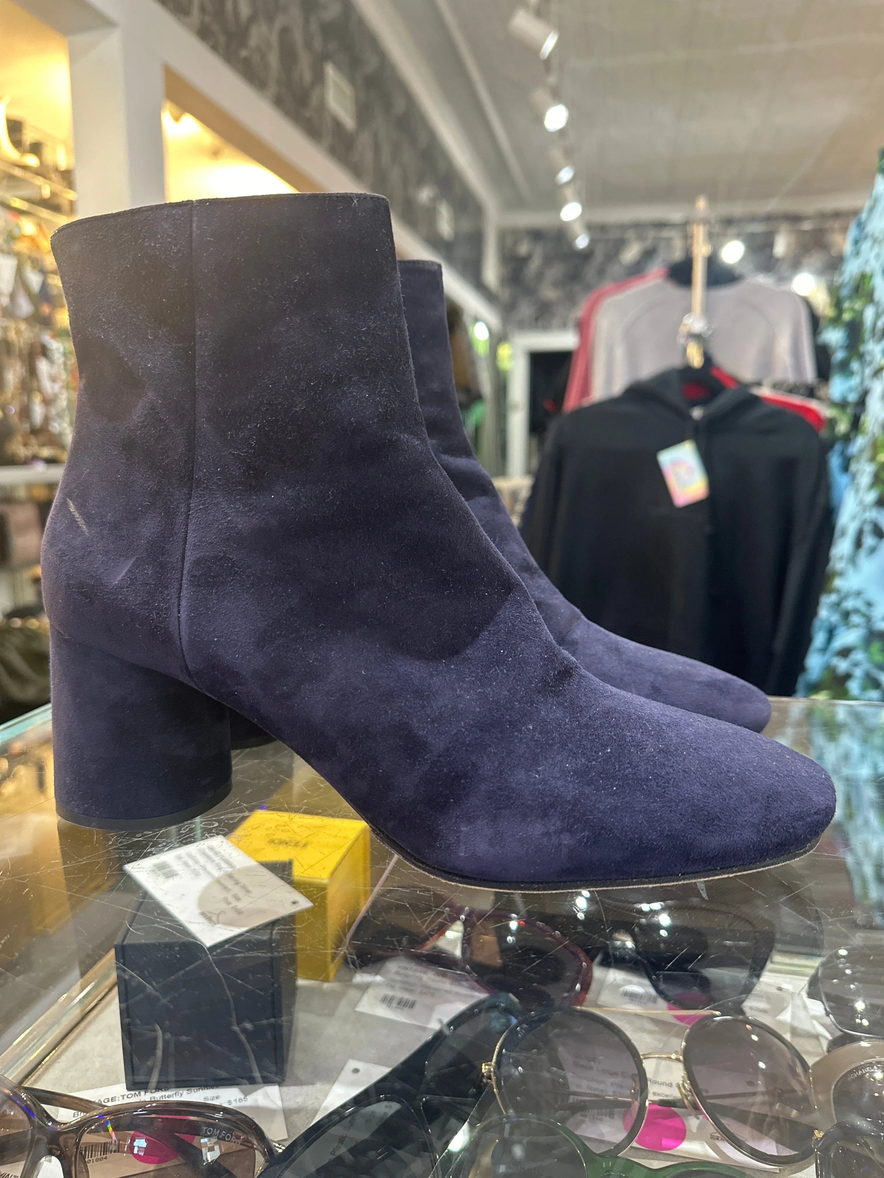 PRADA Navy Suede Side Zip Booties