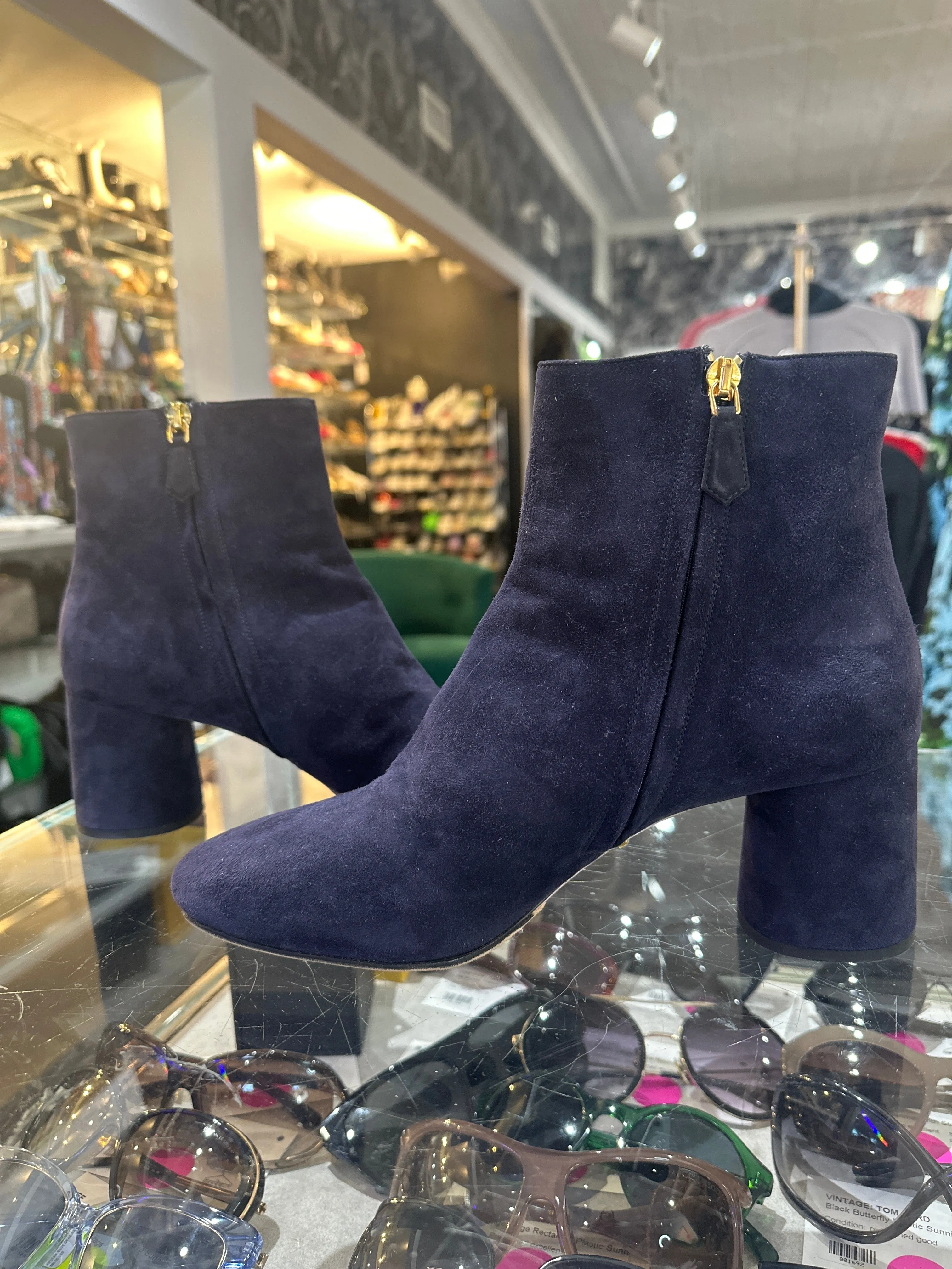 PRADA Navy Suede Side Zip Booties