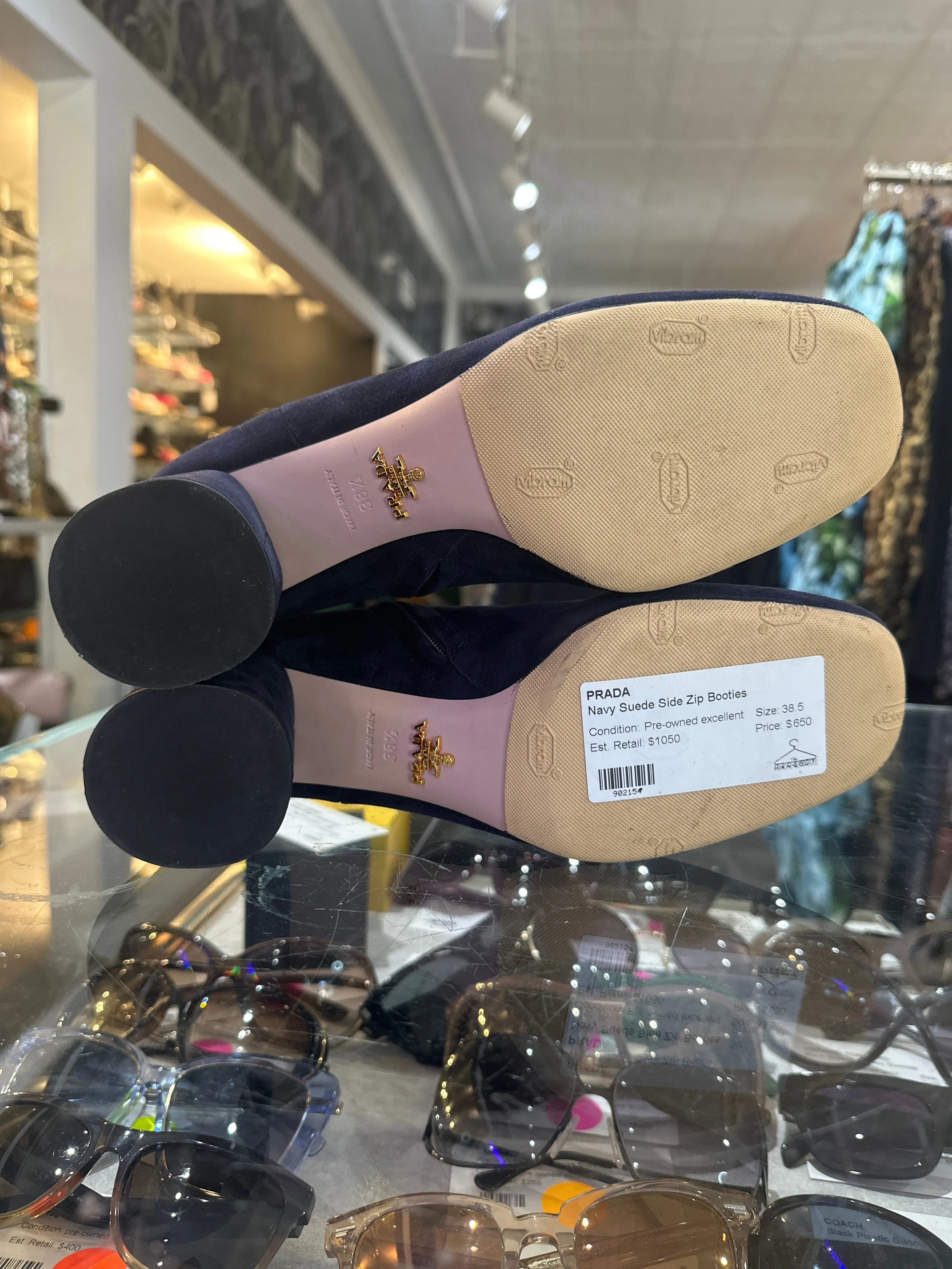 PRADA Navy Suede Side Zip Booties