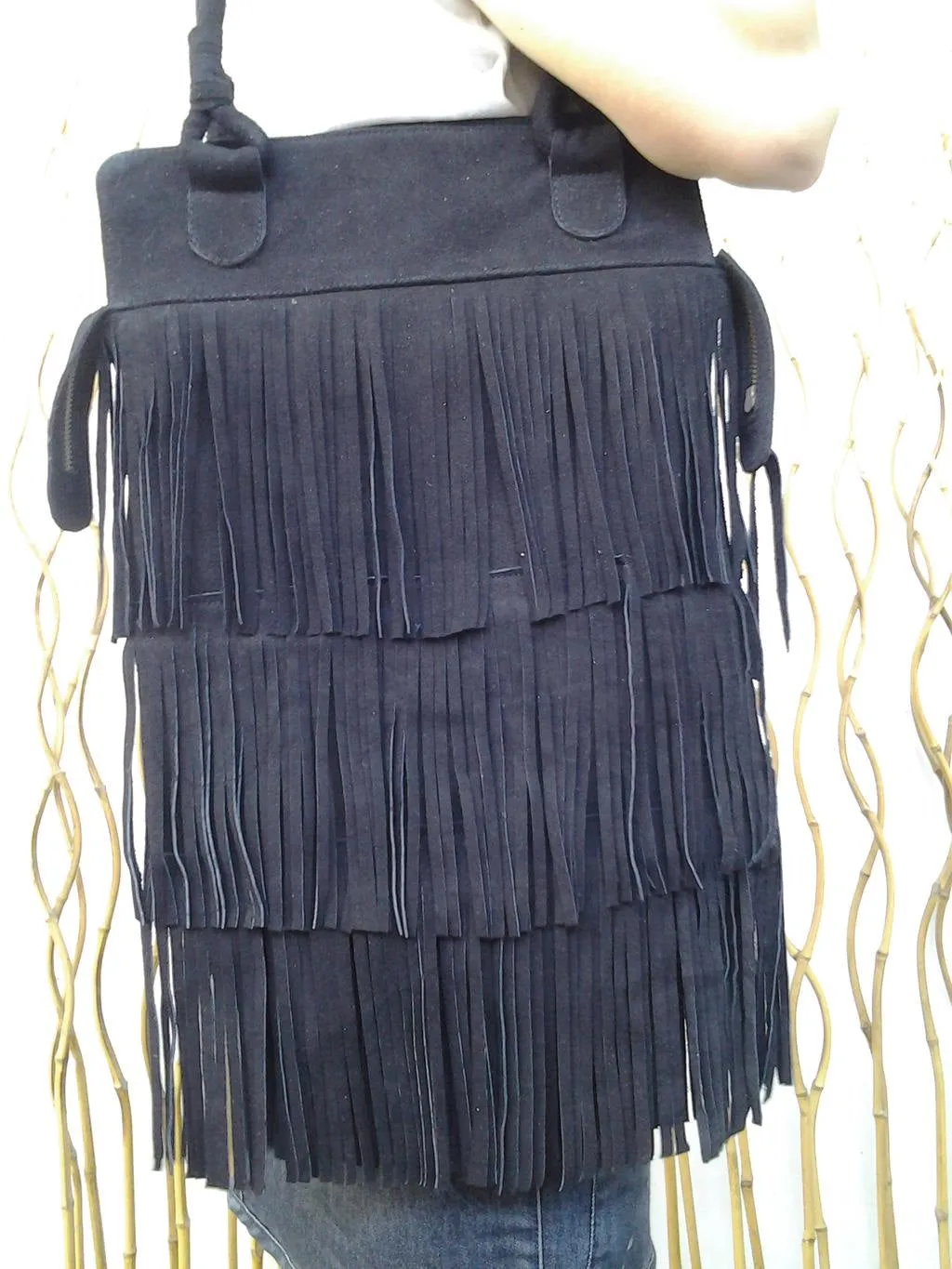 PRICE REDUCED!! Texas Fringe Black Suede Leather Bag / Boho Chic