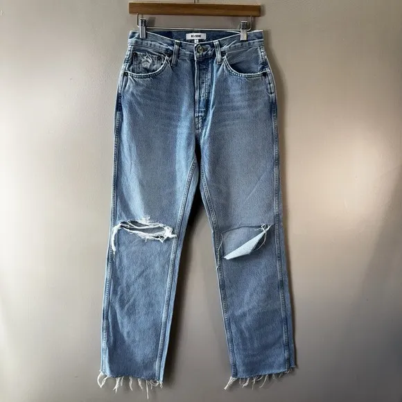 RE/DONE 90s Loose High-Rise Straight-Leg Jeans Slashed Knee Women's Size 27
