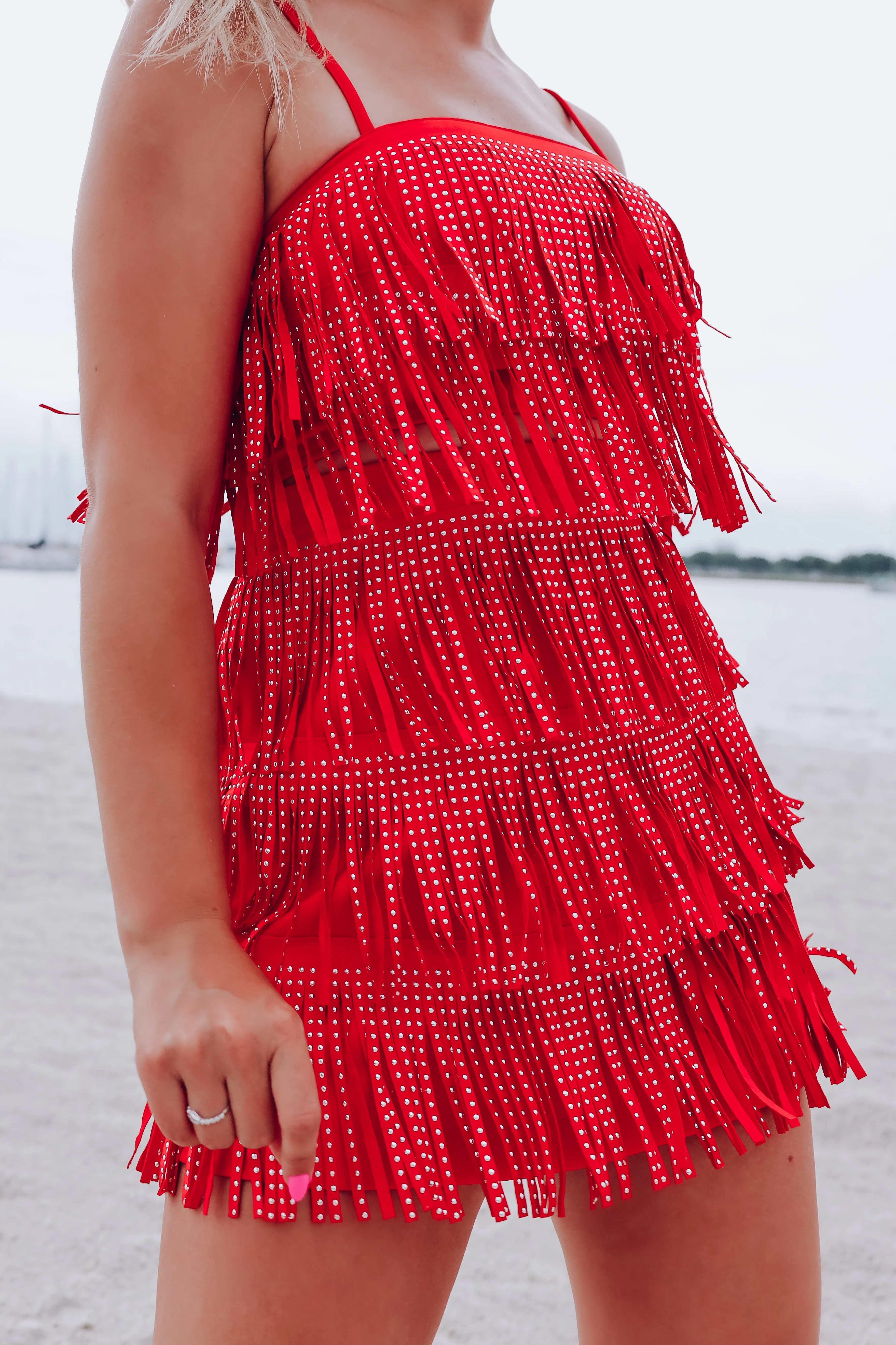 Rowdy Studded Fringe Crop Top - Red