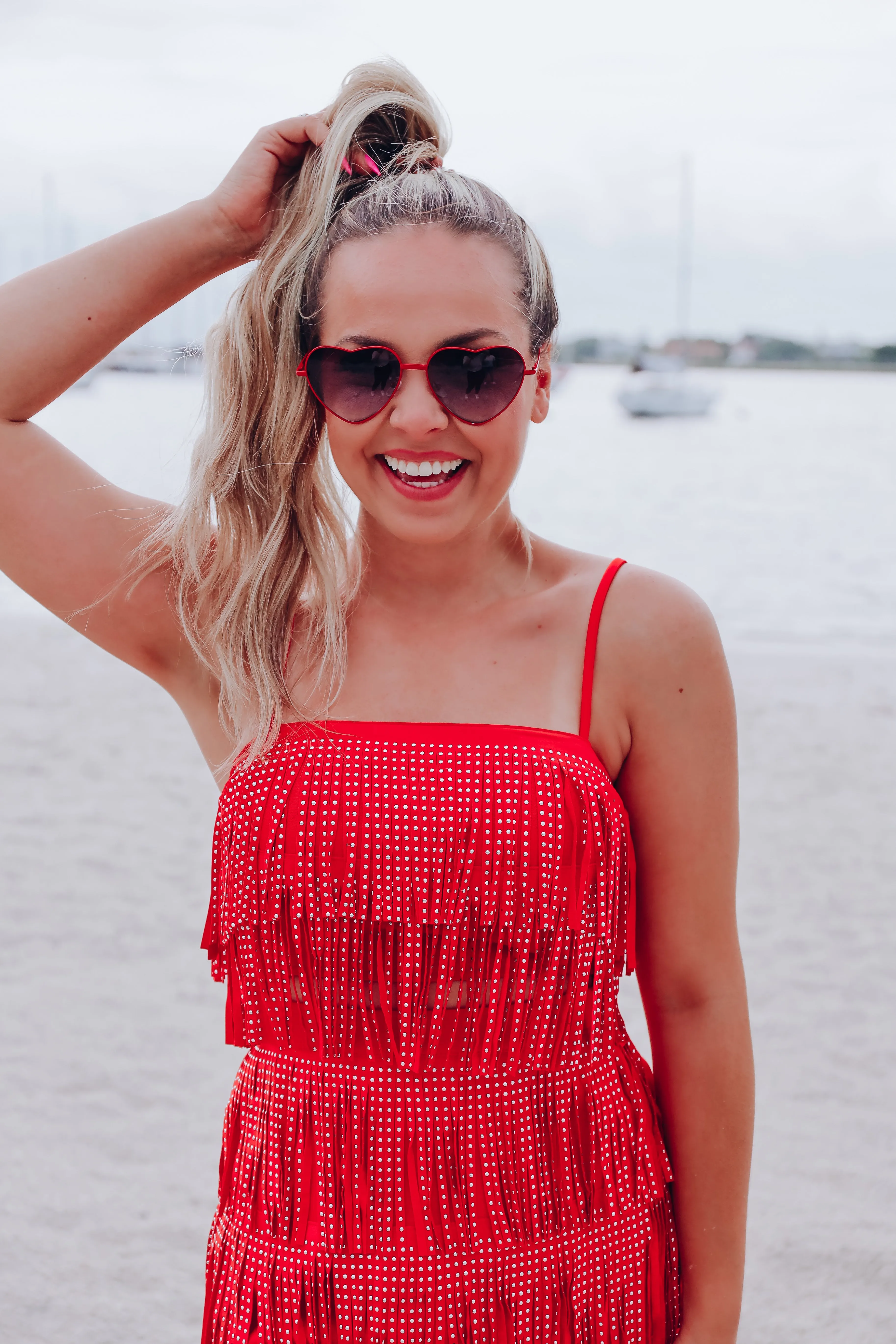 Rowdy Studded Fringe Crop Top - Red
