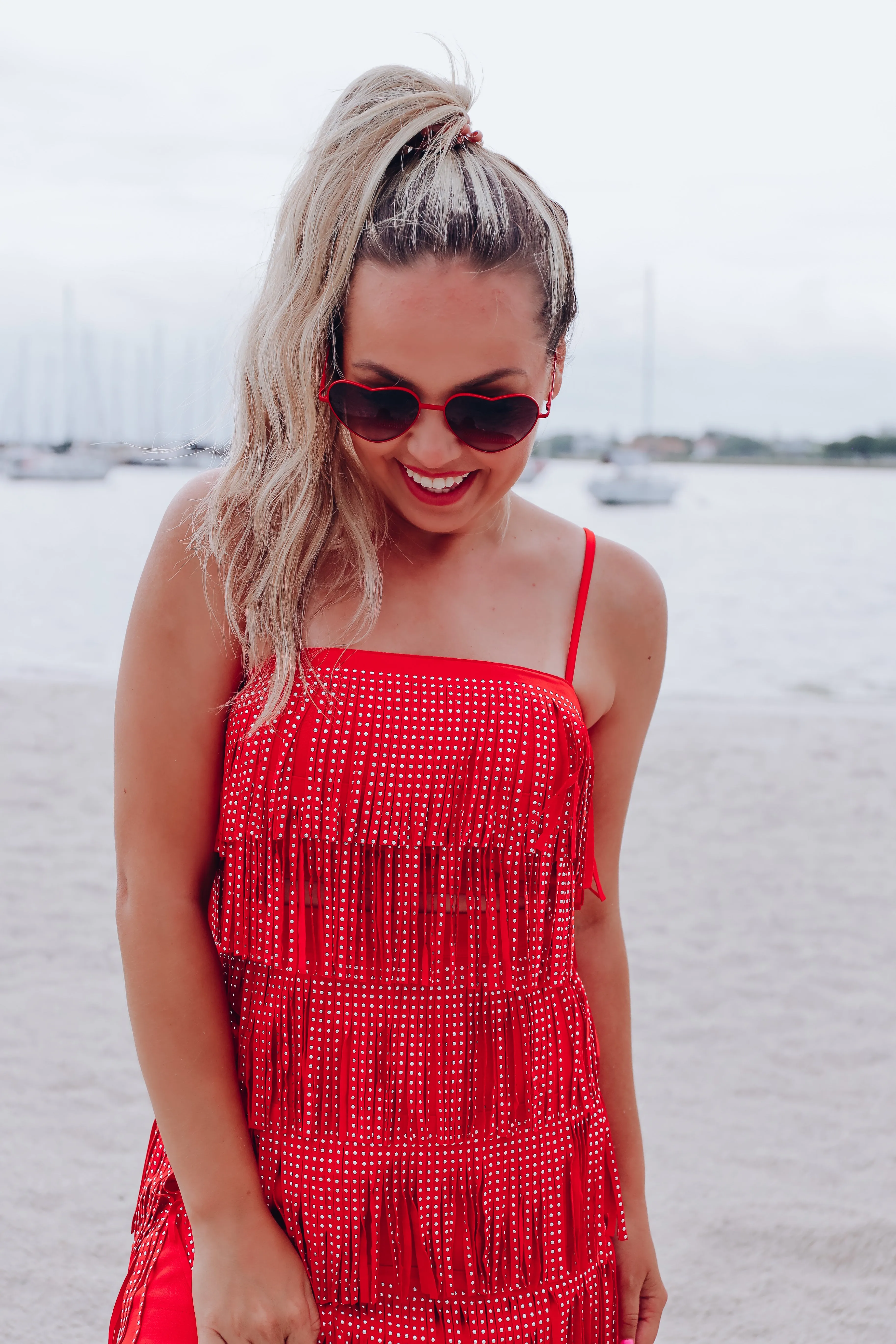 Rowdy Studded Fringe Crop Top - Red