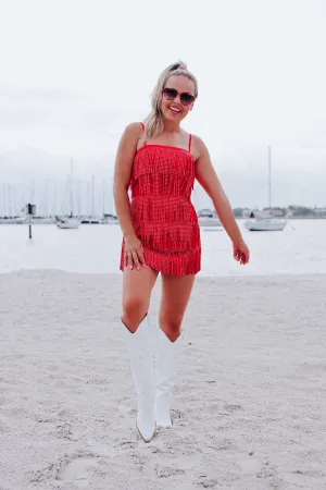 Rowdy Studded Fringe Crop Top - Red