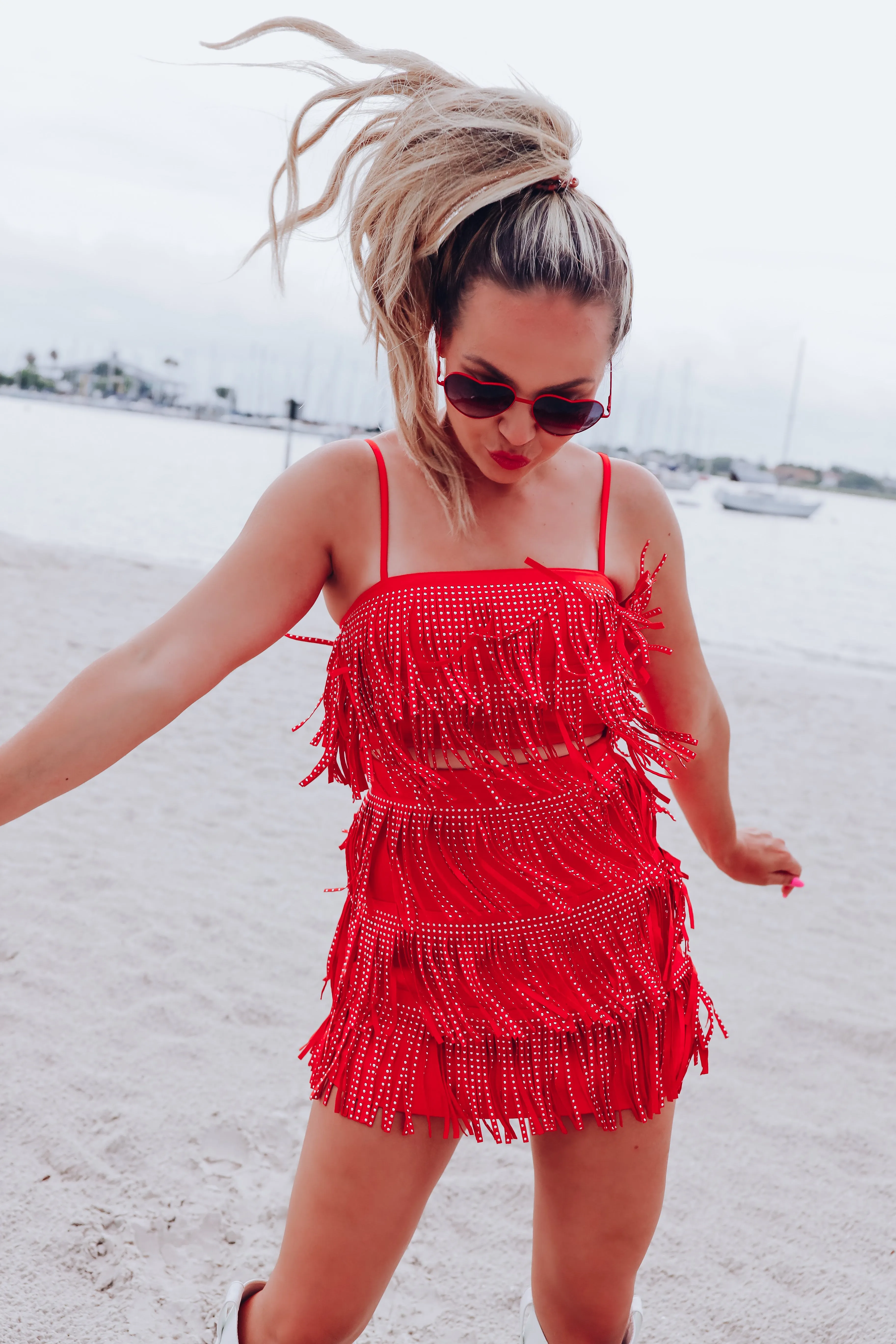 Rowdy Studded Fringe Crop Top - Red