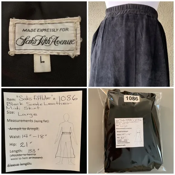 “Saks Fifth Ave” Black Suede Leather Skirt Size L: