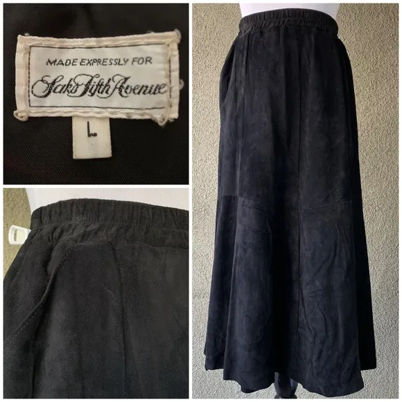 “Saks Fifth Ave” Black Suede Leather Skirt Size L: