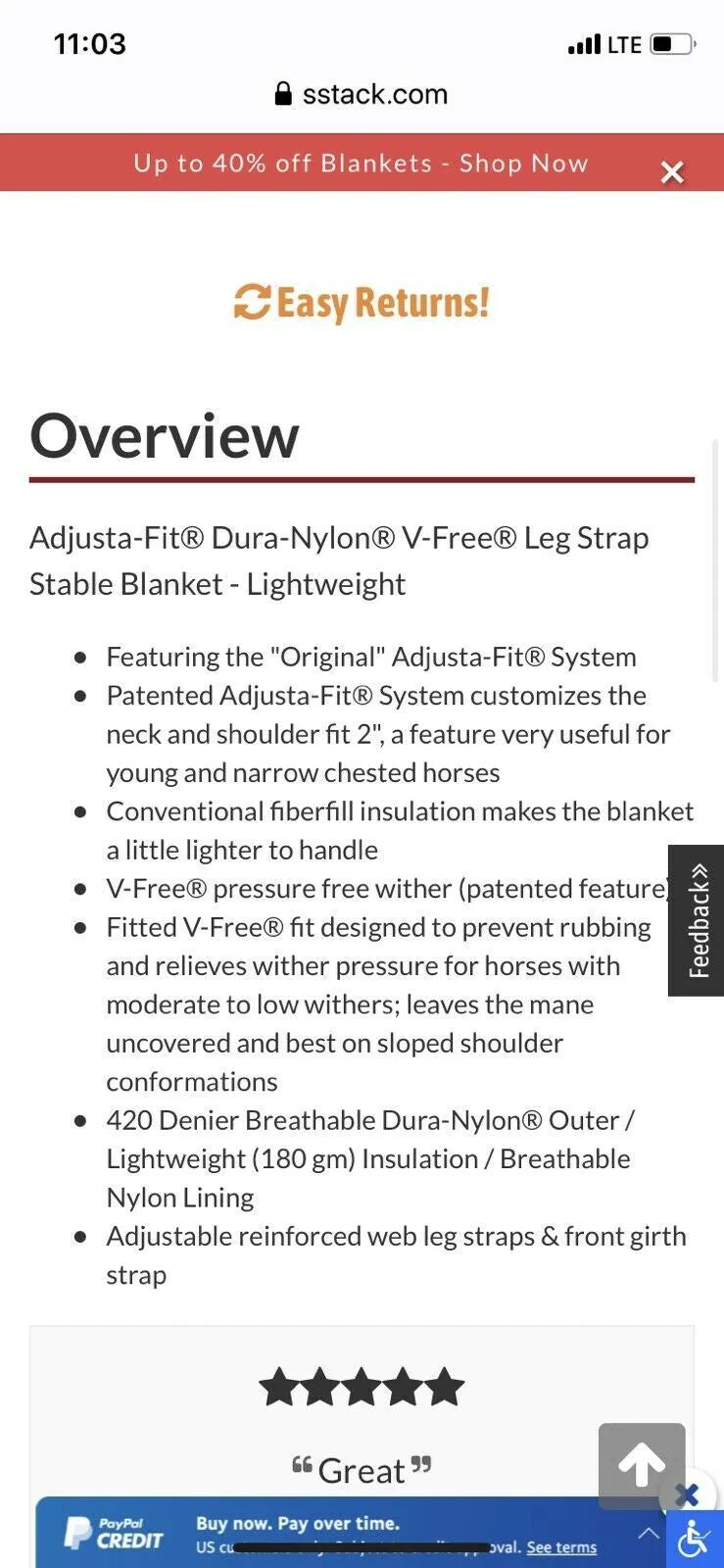 Schneider Adjusta-Fit Dura-Nylon Leg Strap Stable Blanket Lightweight Navy 80”